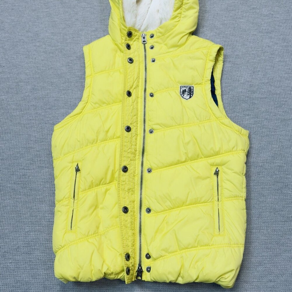 American Eagle Womens Yellow Puffer Vest Faux Fur Hooded Zip Pockets Size Small - Picture 5 of 16